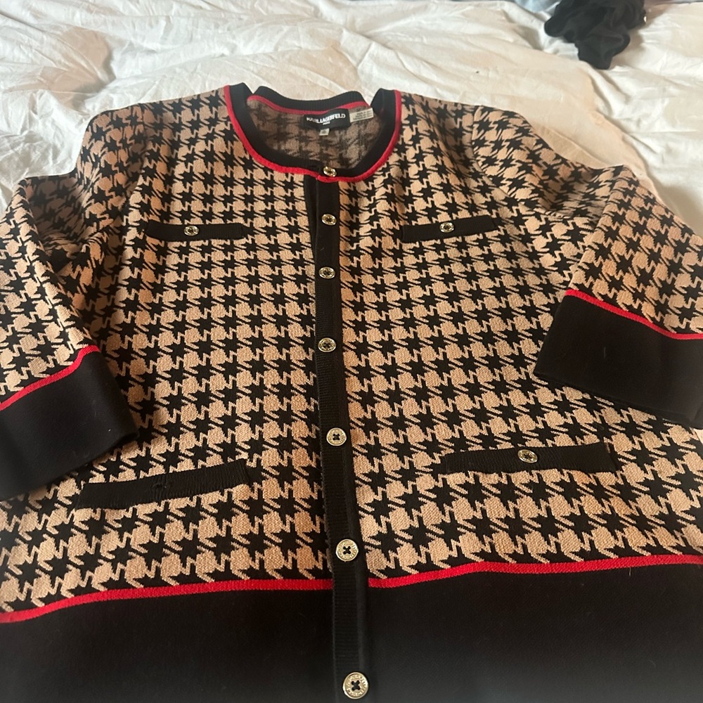 Karl Lagerfeld Black and Tan Blazer with Houndstooth Pattern